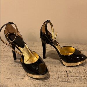 Aldo Black and Gold Peep-Toe Heels